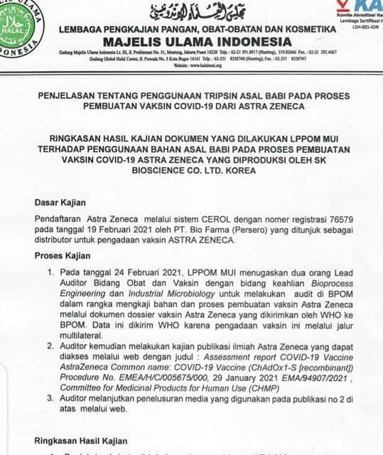 Masukan LP-POM MUI: Soal Tripsin Babi pada Vaksin