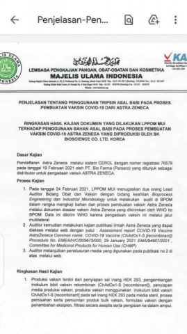 Masukan LP-POM MUI: Soal Tripsin Babi pada Vaksin